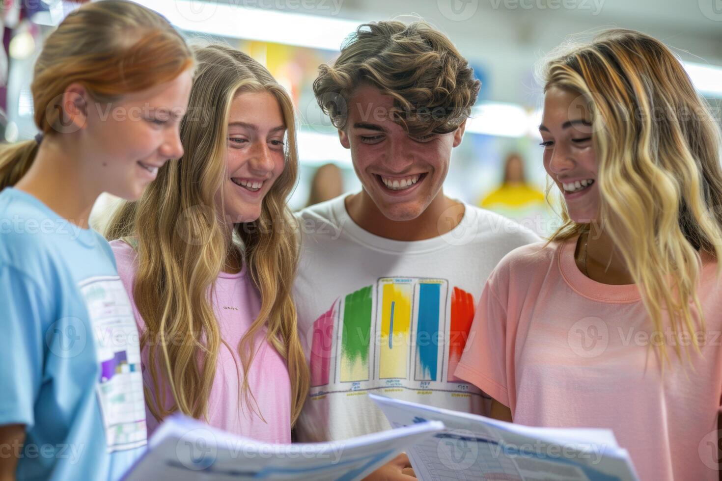 group of 4 smiling teenage students wearing bright clothes looking at the documents standing in classroom. photo