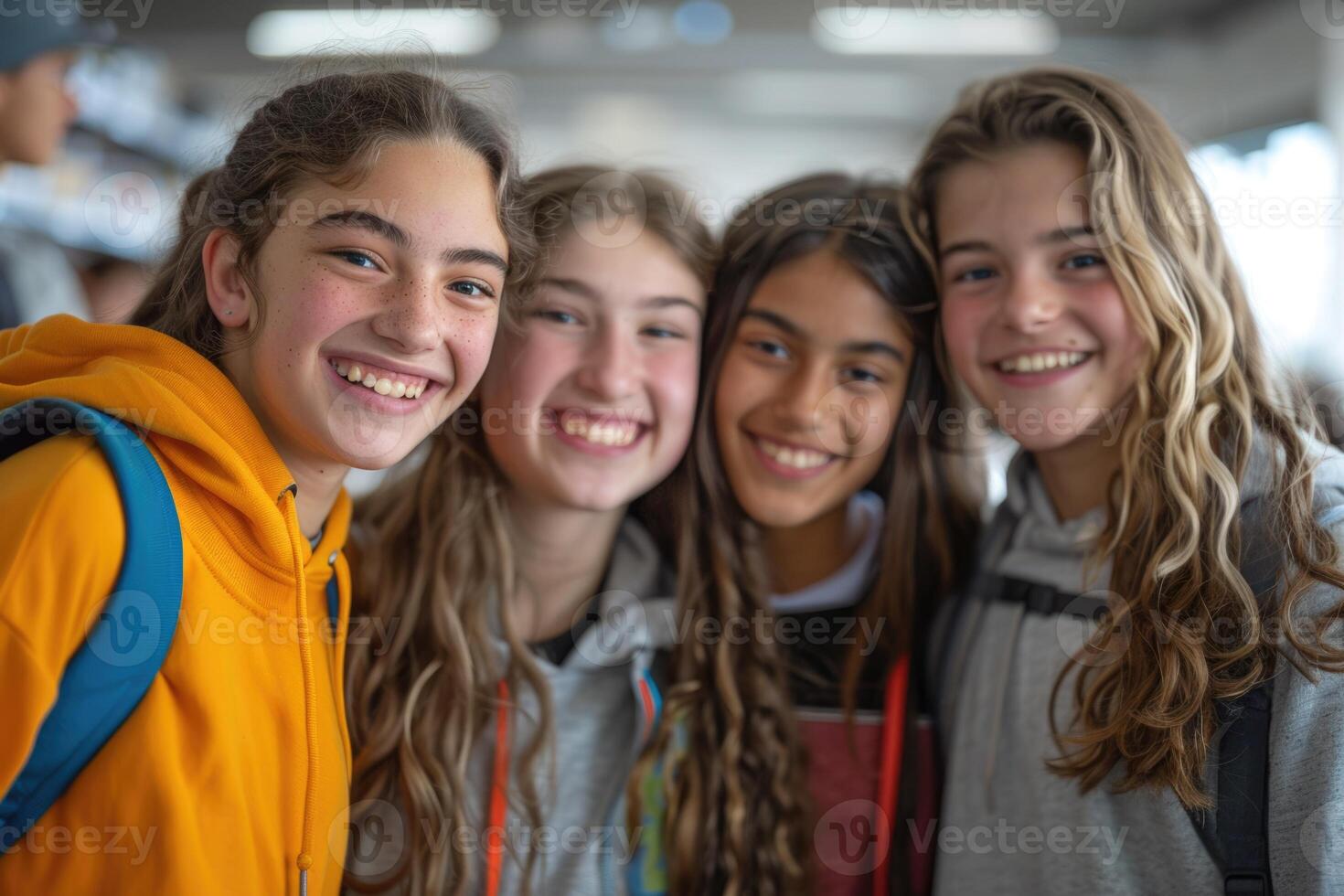 group of happy teenage students in bright clothes. photo