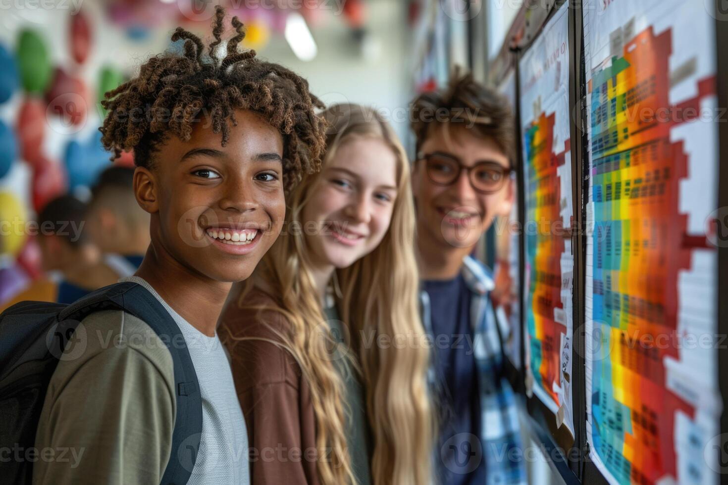 group of smiling teenage students wearing bright clothes standing in classroom. photo