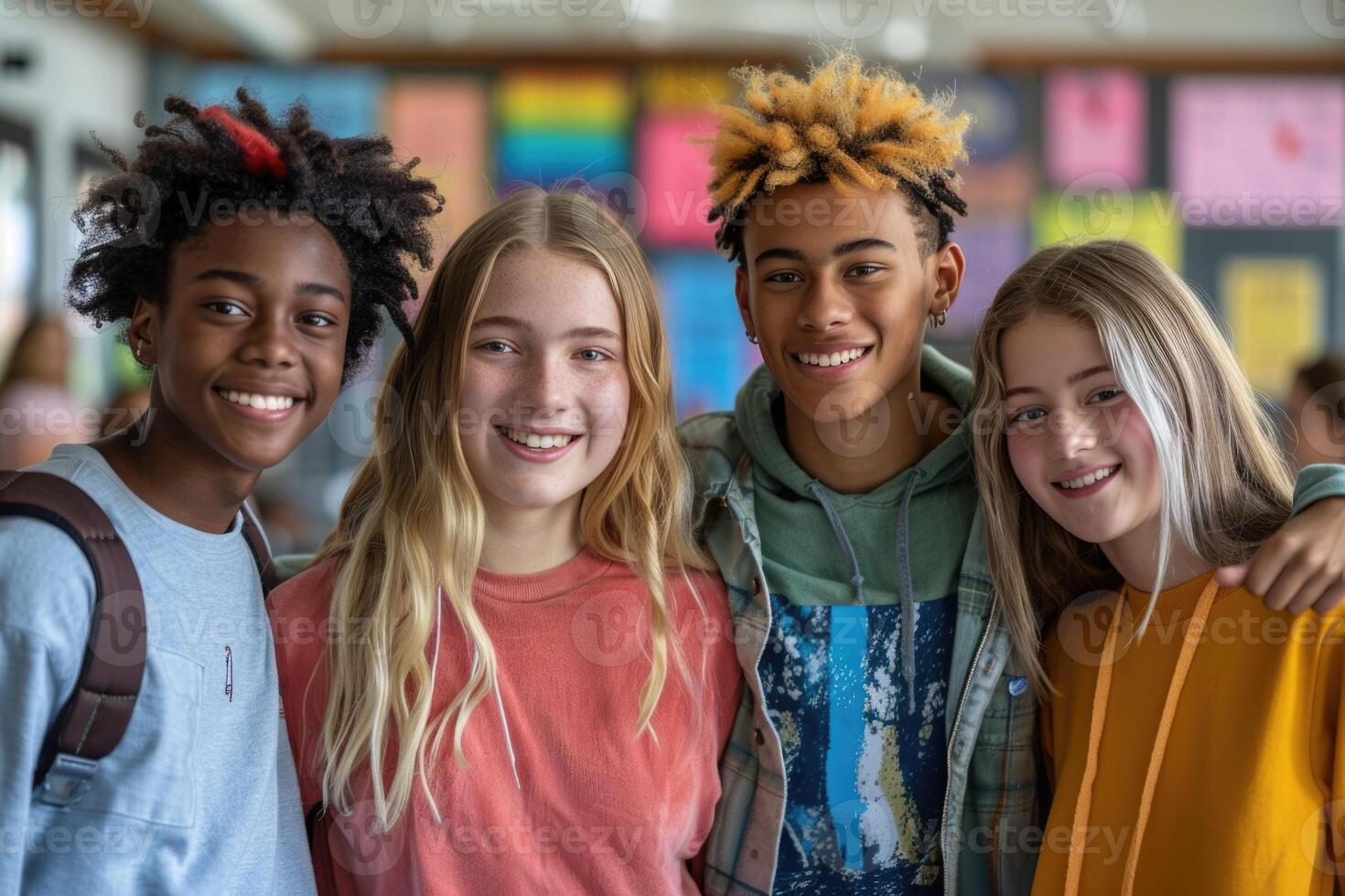 group of happy teenage students in bright clothes. photo