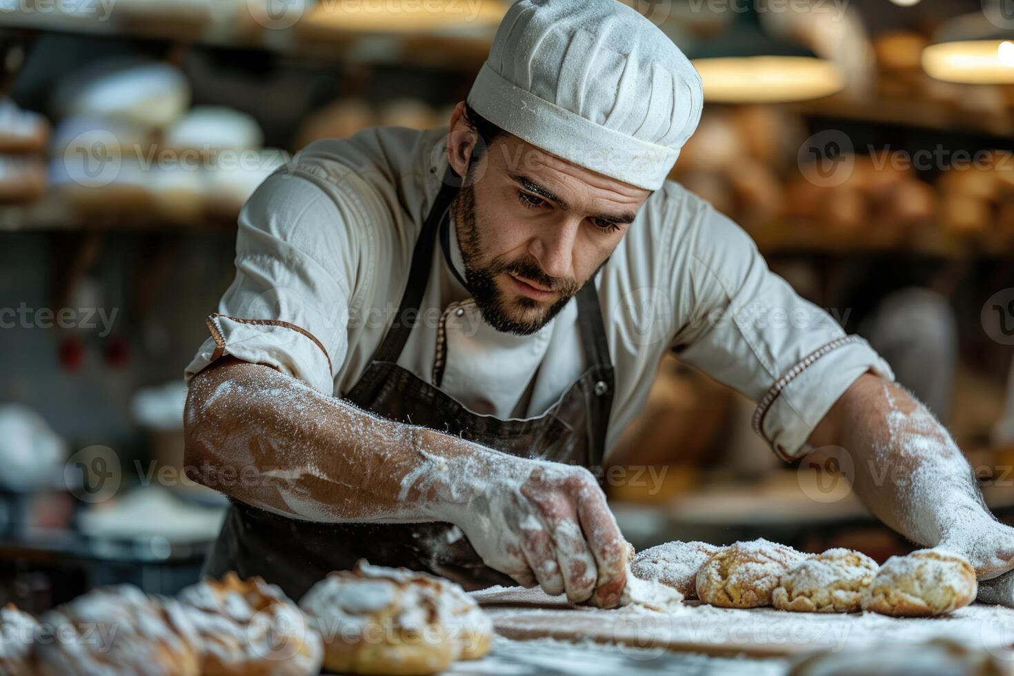 male baker working in bakery. photo