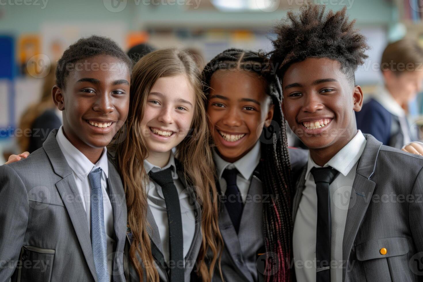 group of 4 smiling teenage students wearing uniform standing in classroom. photo