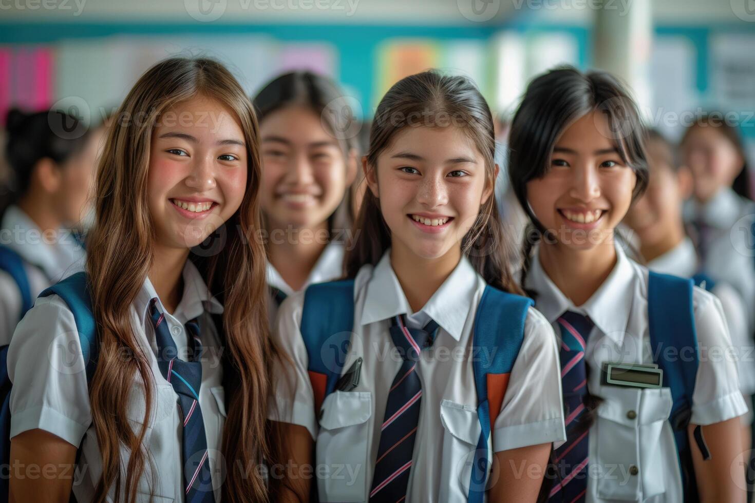 group of 4 smiling teenage students wearing uniform standing in classroom. photo
