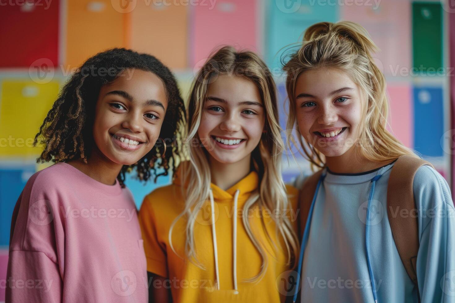 group of three happy teenage students in bright clothes. photo