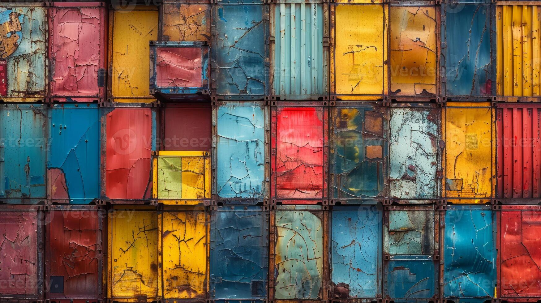 Stacked shipping containers forming a geometric pattern with varying colors and sizes photo