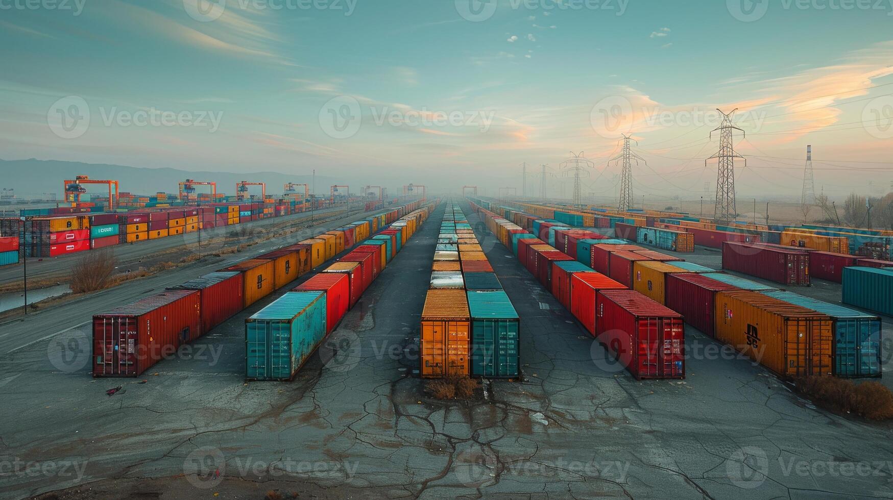 Expansive view of a shipping yard filled with air containers stacked neatly in rows under a clear blue sky photo