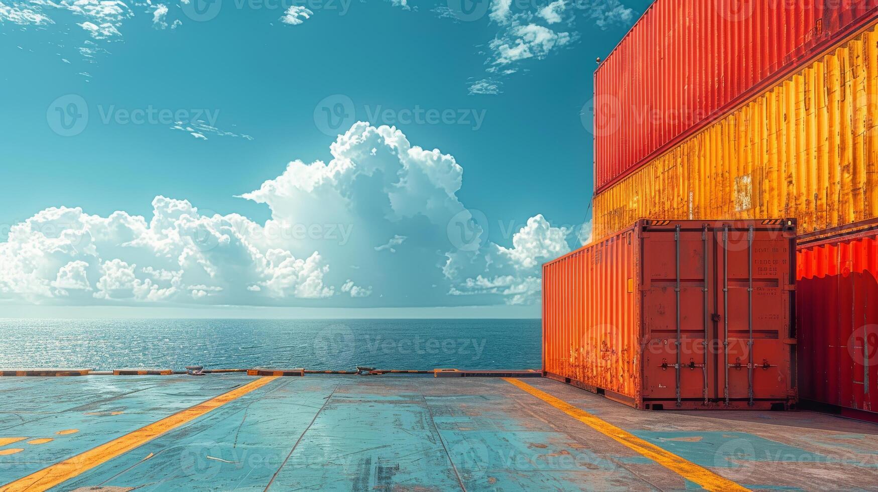 A shipping dock with containers of water being loaded onto a cargo ship, with the sea and horizon in the background photo