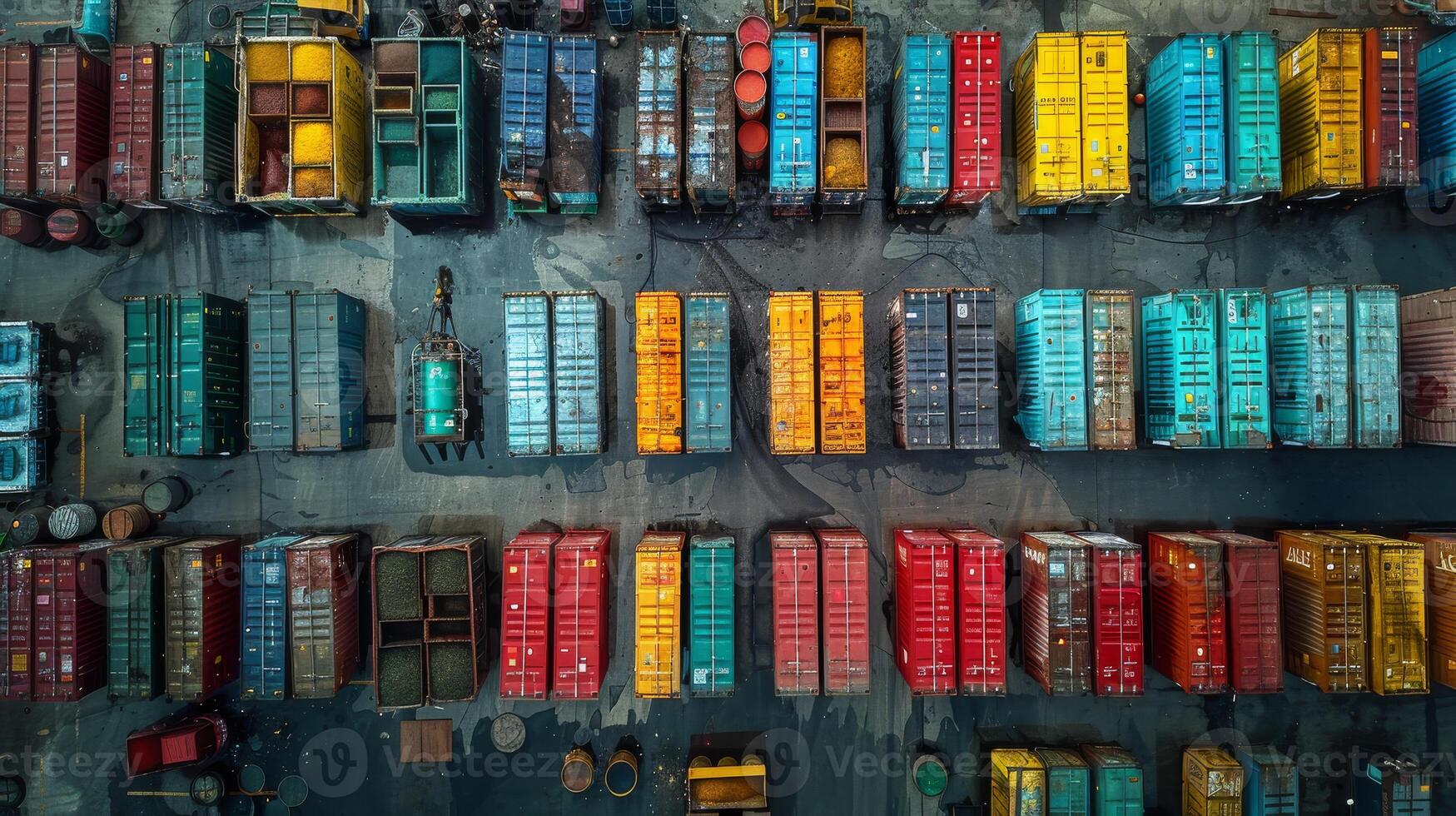 Aerial view of a shipping yard with rows of water containers arranged in an orderly fashion, ready for distribution photo