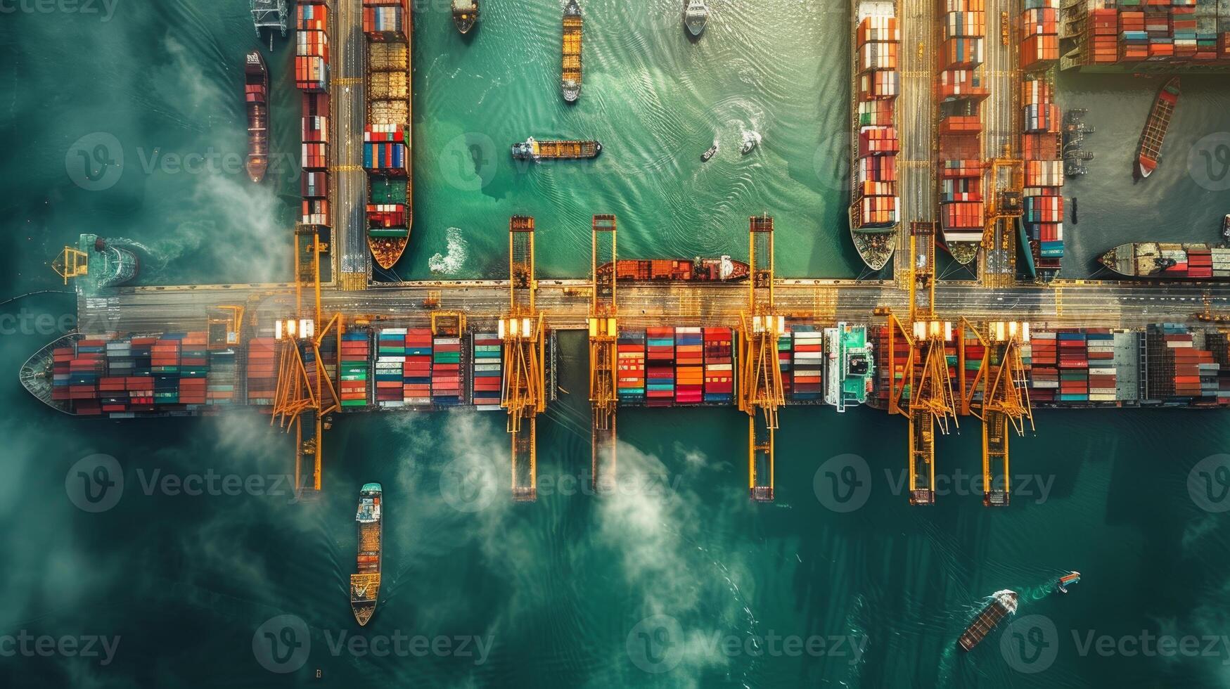 Aerial view of a bustling shipping port with cranes loading and unloading containers from cargo ships photo
