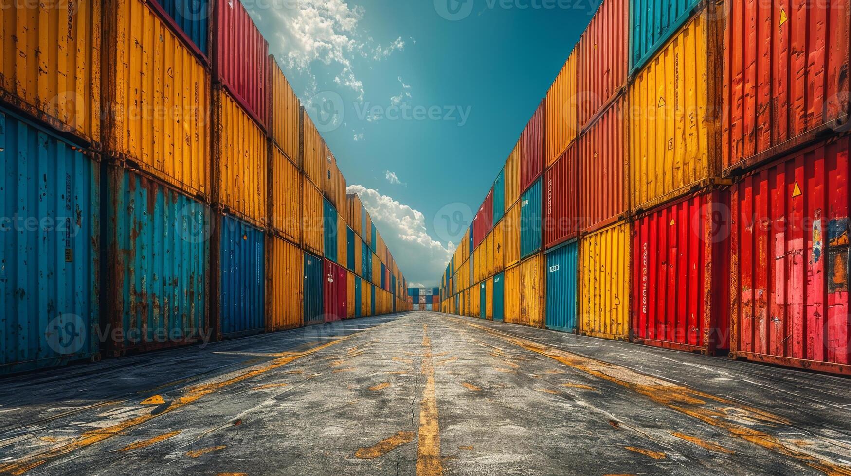 Expansive view of a shipping yard filled with air containers stacked neatly in rows under a clear blue sky photo
