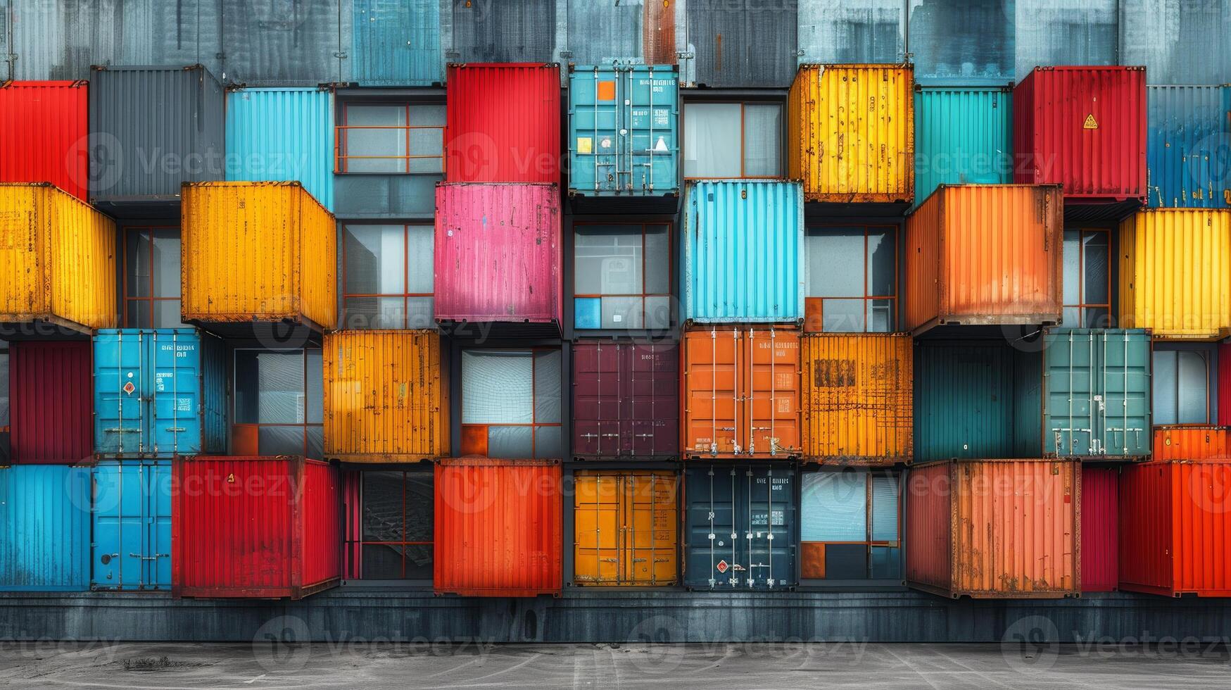 Stacked shipping containers forming a geometric pattern with varying colors and sizes photo