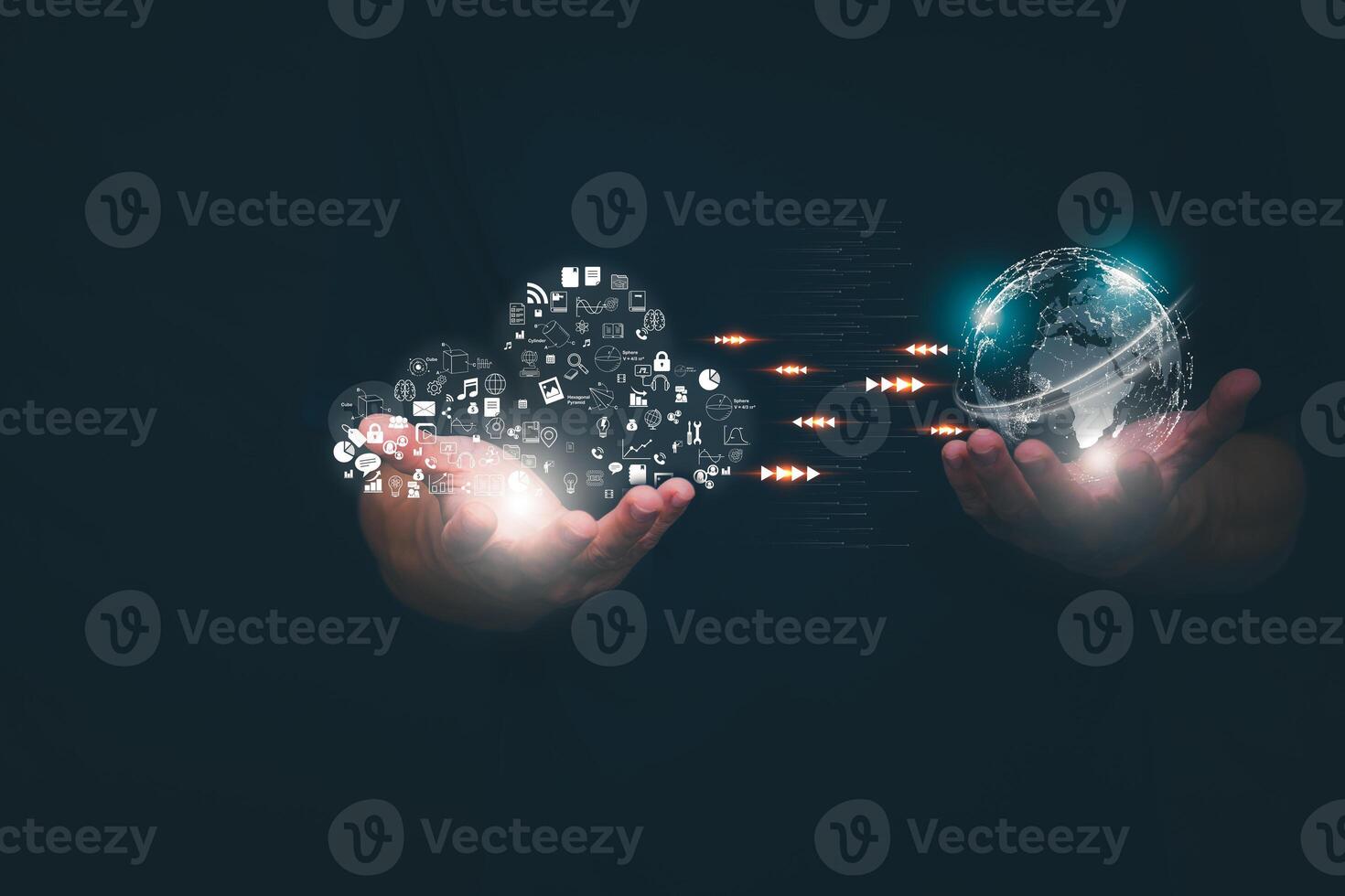 Connecting, communicating, and exchanging with global network cloud data internet technology. Using wireless data with high-speed technology for economic, scientific, and financial development. photo