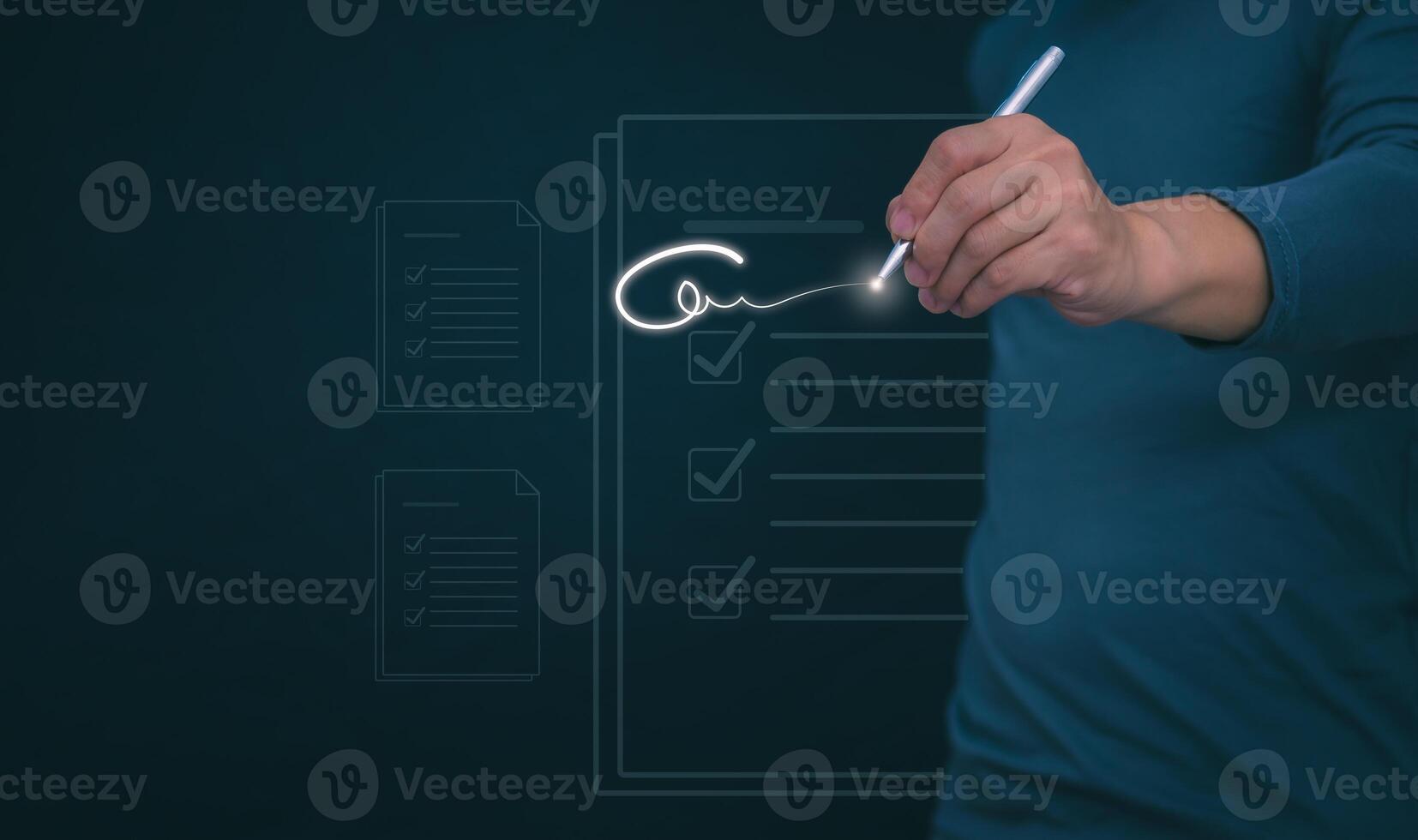 The person signing an electronic document on a smartphone, management concept, digital transformation Internet of Things, Big Data and Business Processes, Automated Operations, Data Storage photo