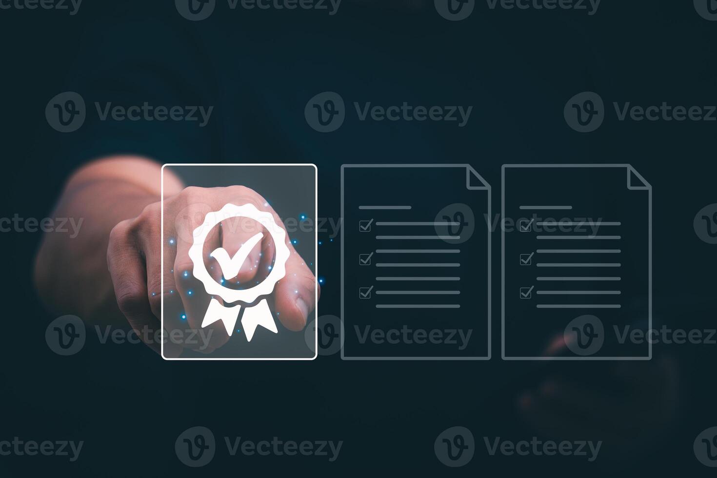 Male hand pointing at symbol of guarantee of quality of service Certification concept and standard quality control Standard warranty Documents certified on virtual screen photo