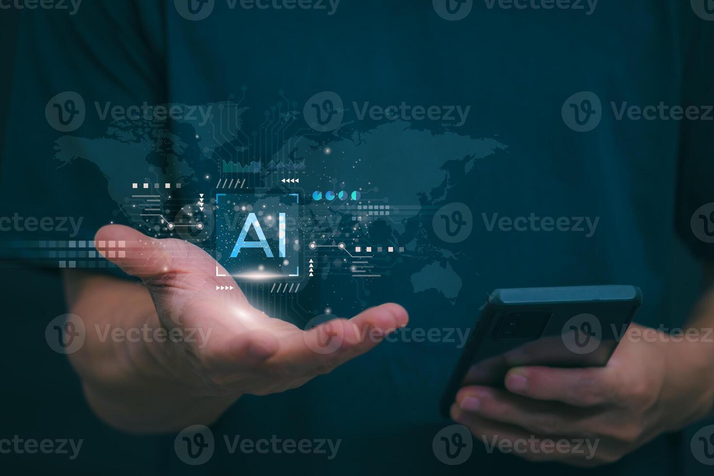 The person showing AI technology that connects information to various systems, concepts, management, digital transformation Internet of Things, Big Data and Business Processes, Automated Operations photo