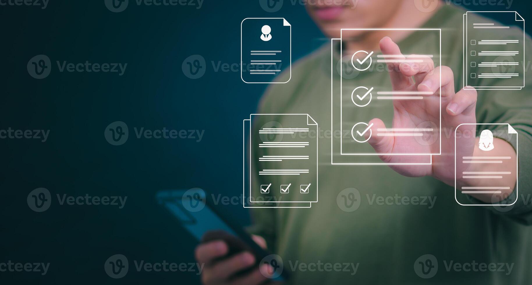 Male hand pointing at symbol of guarantee of quality of service Certification concept and standard quality control Standard warranty Documents certified on virtual screen photo