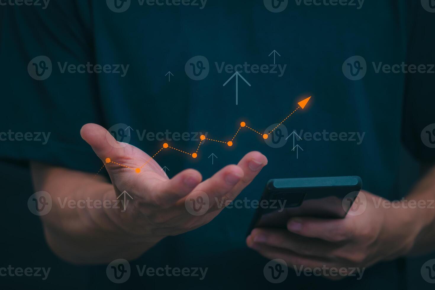Planning and strategy, stock market, business growth, progress or success concept, businessman or trader showing growing virtual holographic stocks, invest in stock market trading or digital assets photo