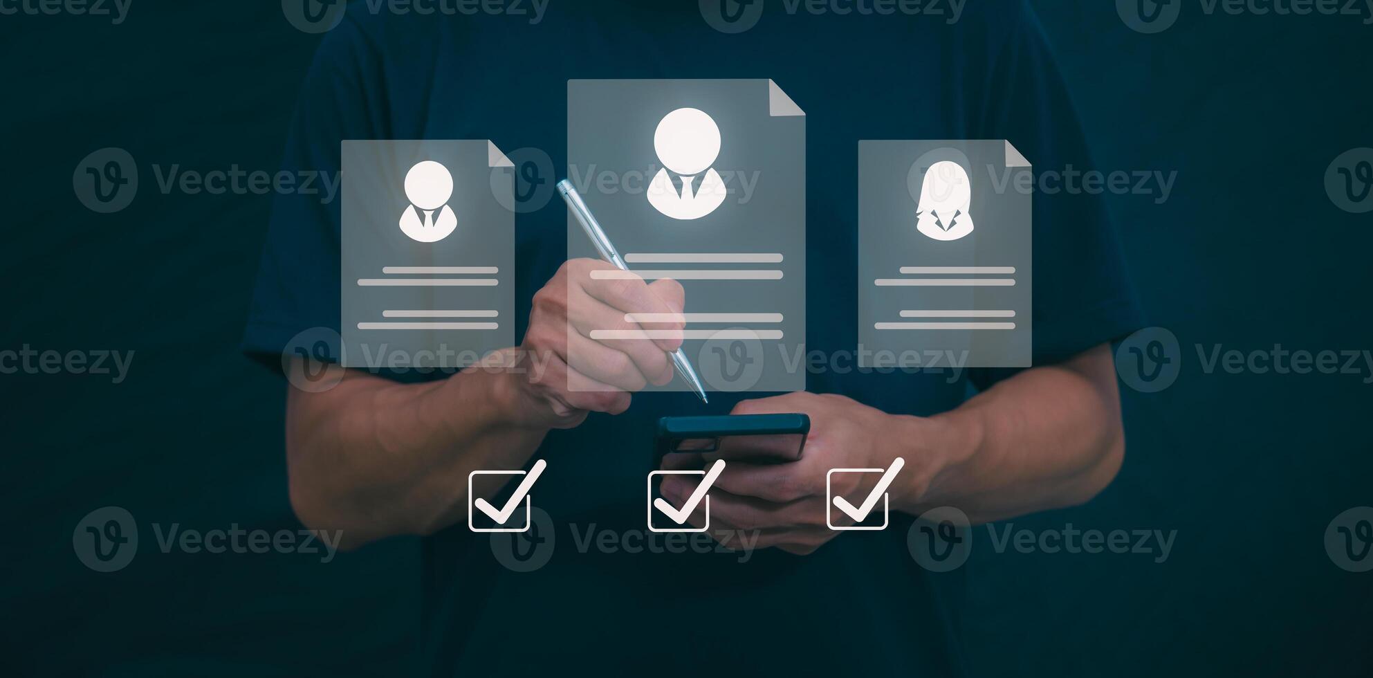 Male hand pointing at symbol of guarantee of quality of service Certification concept and standard quality control Standard warranty Documents certified on virtual screen photo
