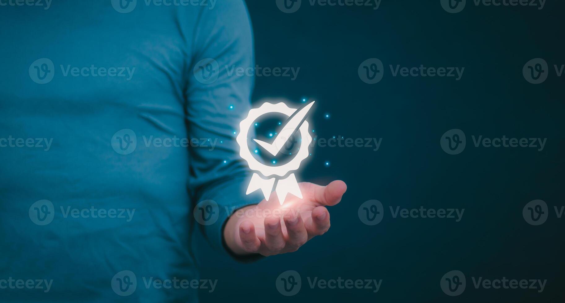 Male hand pointing at symbol of guarantee of quality of service Certification concept and standard quality control Standard warranty Documents certified on virtual screen photo