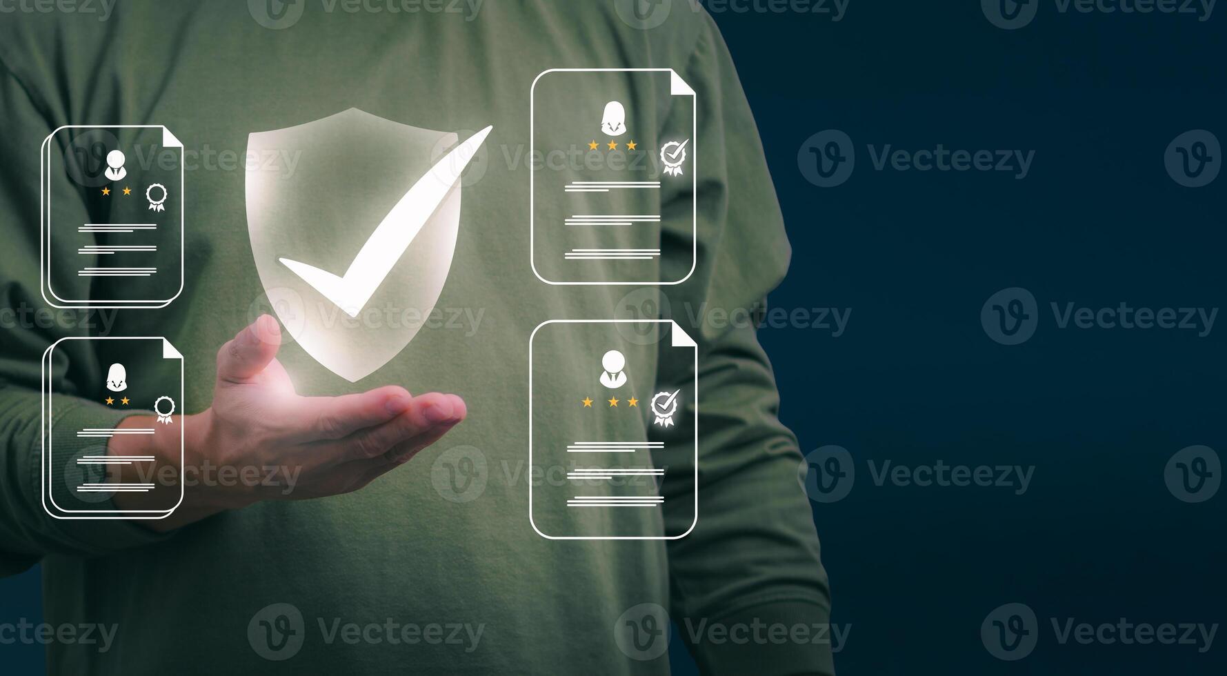 Male hand pointing at symbol of guarantee of quality of service Certification concept and standard quality control Standard warranty Documents certified on virtual screen photo
