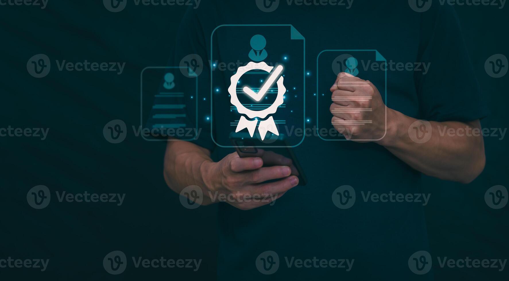 Male hand pointing at symbol of guarantee of quality of service Certification concept and standard quality control Standard warranty Documents certified on virtual screen photo