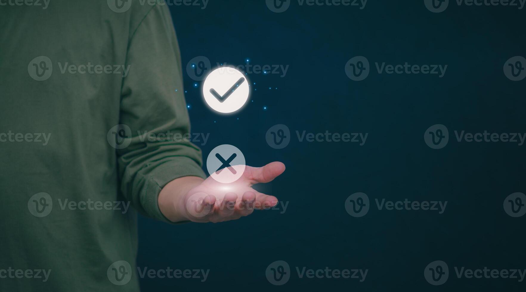 Male hand pointing at symbol of guarantee of quality of service Certification concept and standard quality control Standard warranty Documents certified on virtual screen photo