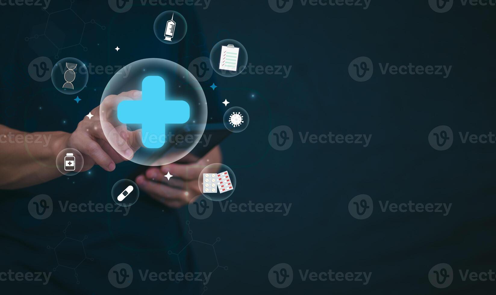 Businessman showing a symbol or icon related to health insurance or healthcare. Concepts for developing and accessing care anywhere, anytime, doing business related to the hospital business photo