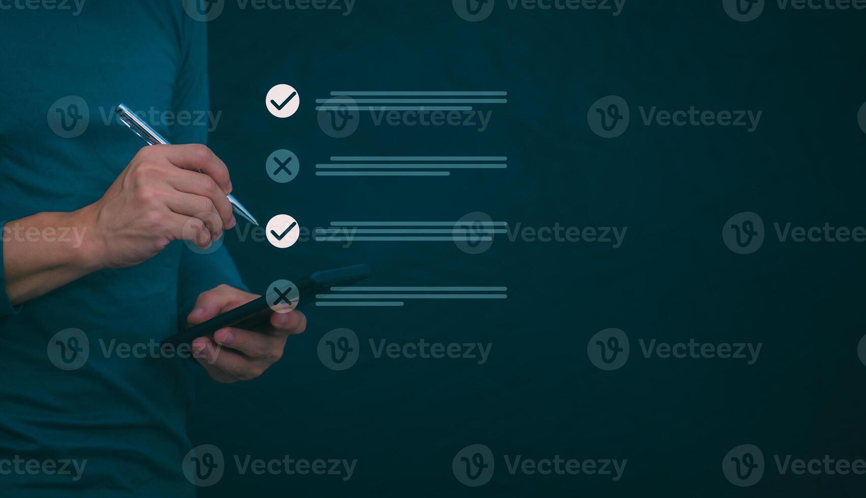 Businessmen mark check blocks to verify the correctness and approve or accept the agreement. in digital documents Concept of working via the internet photo