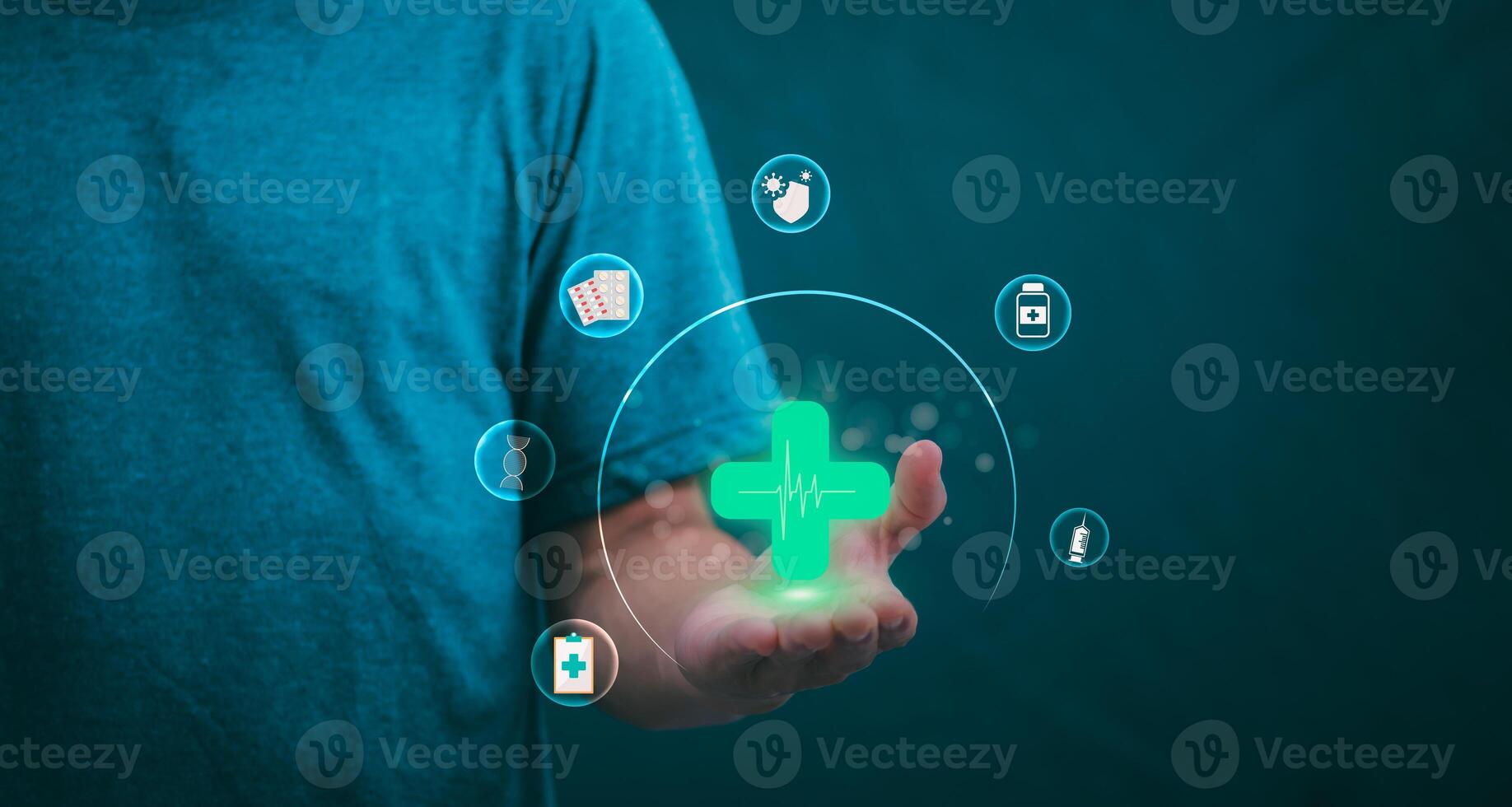 Businessman showing a symbol or icon related to health insurance or healthcare. Concepts for developing and accessing care anywhere, anytime, doing business related to the hospital business photo