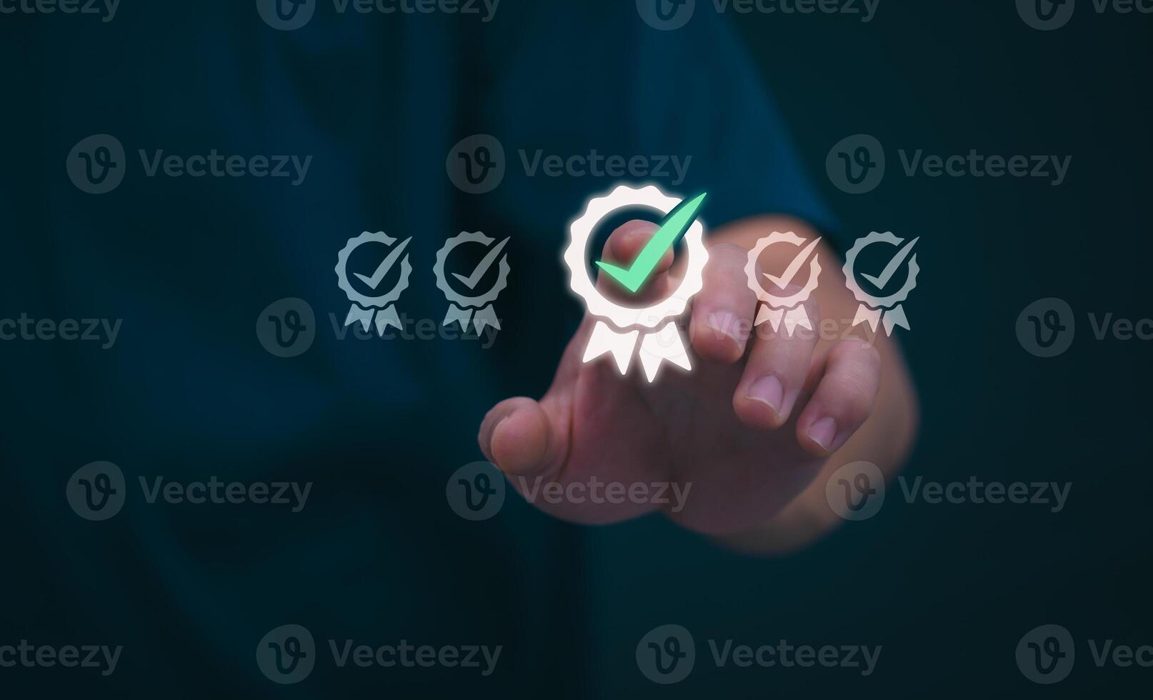 Male hand pointing at symbol of guarantee of quality of service Certification concept and standard quality control Standard warranty Documents certified on virtual screen photo