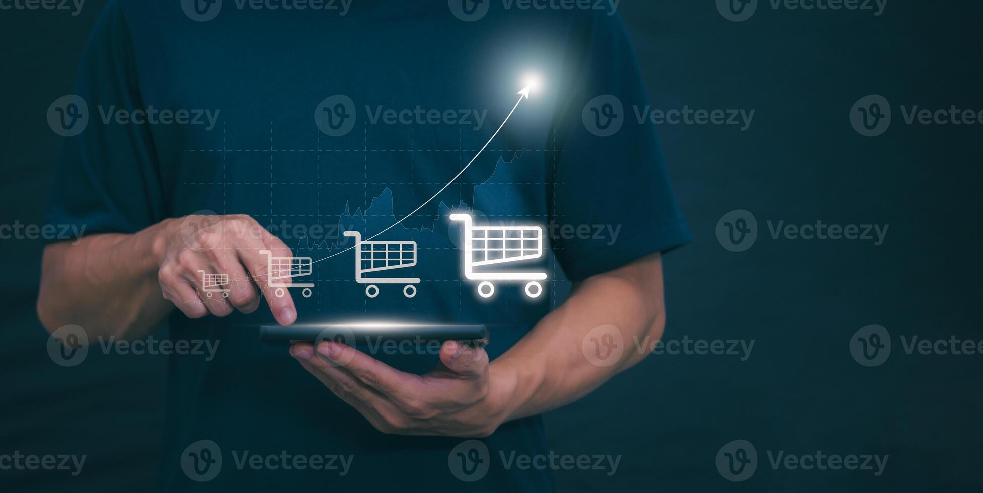 Businessman shows continued growth in online shopping with internet technology Concept of global data connectivity with internet technology, big data, data search, and online marketing. photo