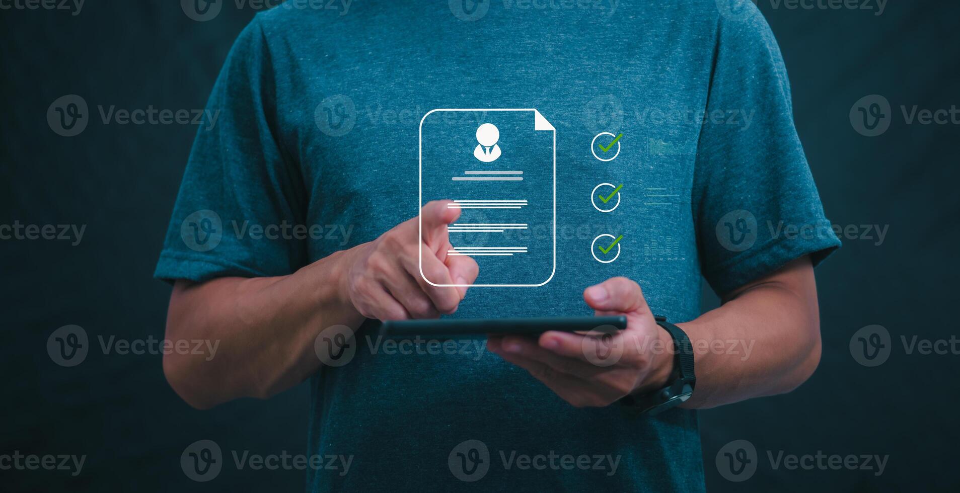 Male hand pointing at symbol of guarantee of quality of service Certification concept and standard quality control Standard warranty Documents certified on virtual screen photo