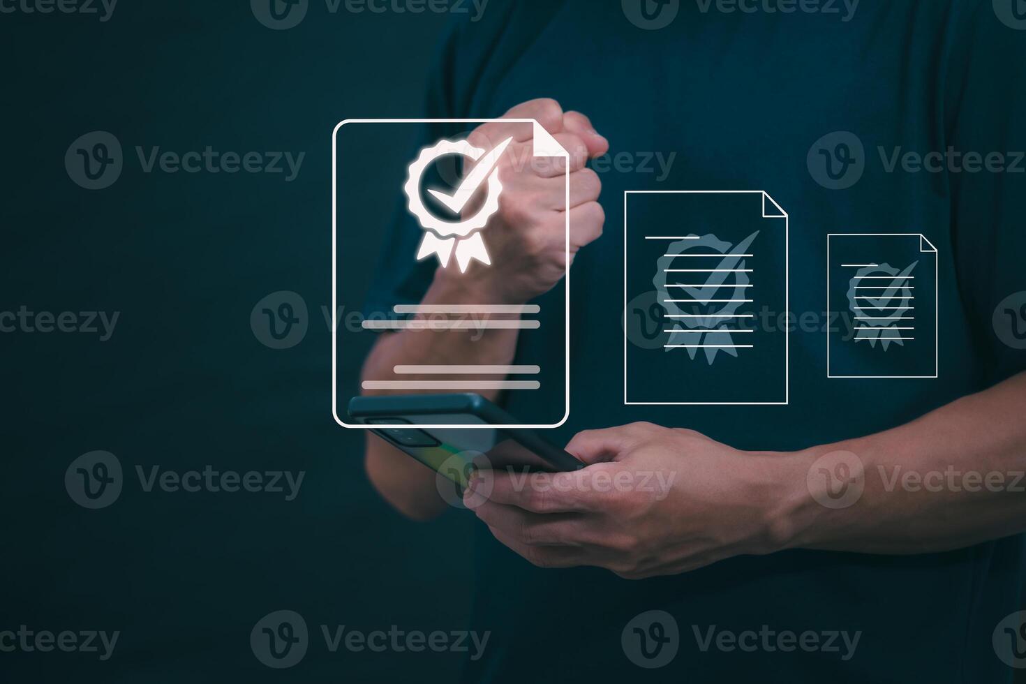 Male hand pointing at symbol of guarantee of quality of service Certification concept and standard quality control Standard warranty Documents certified on virtual screen photo