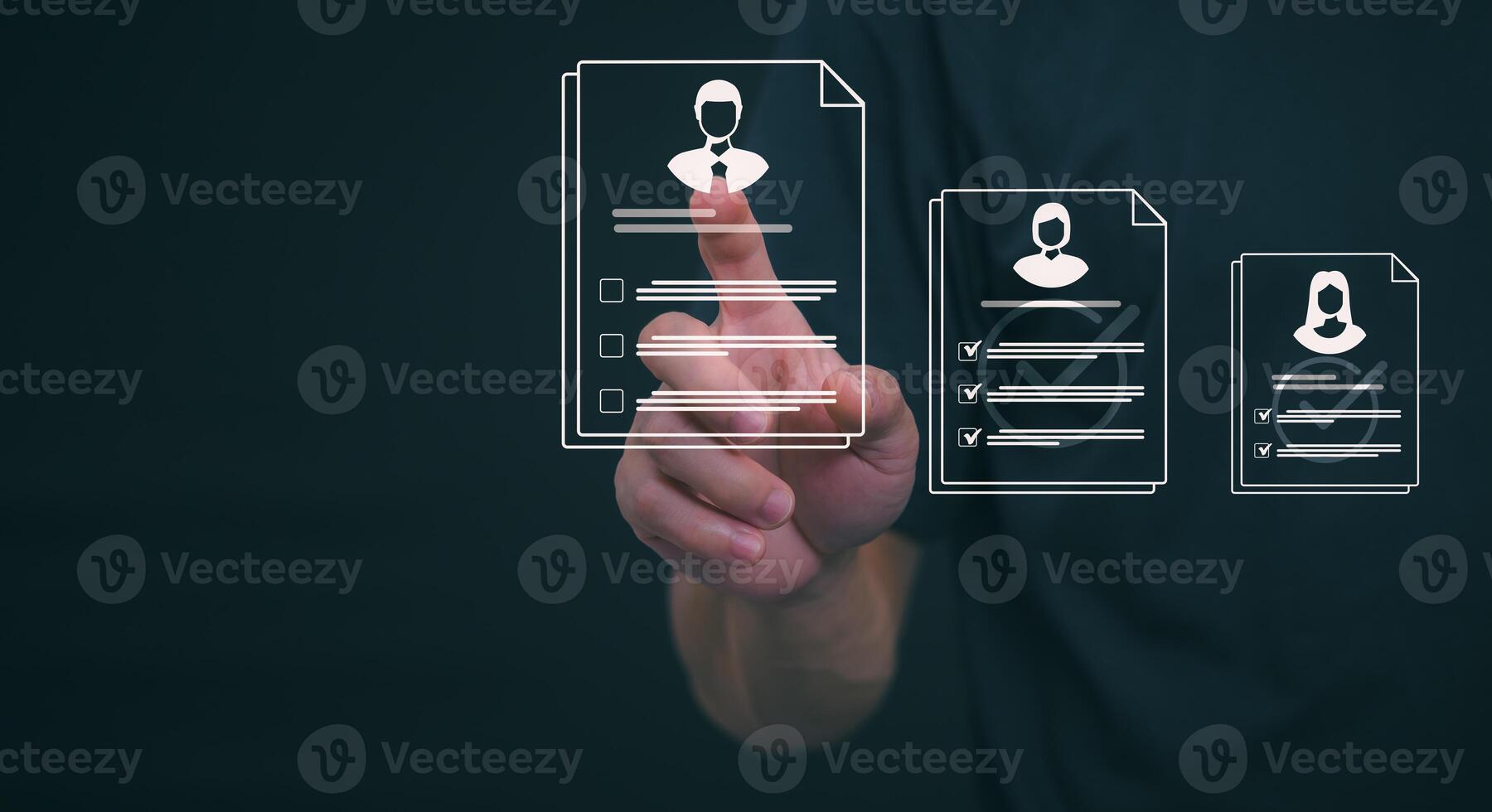 Male hand pointing at symbol of guarantee of quality of service Certification concept and standard quality control Standard warranty Documents certified on virtual screen photo