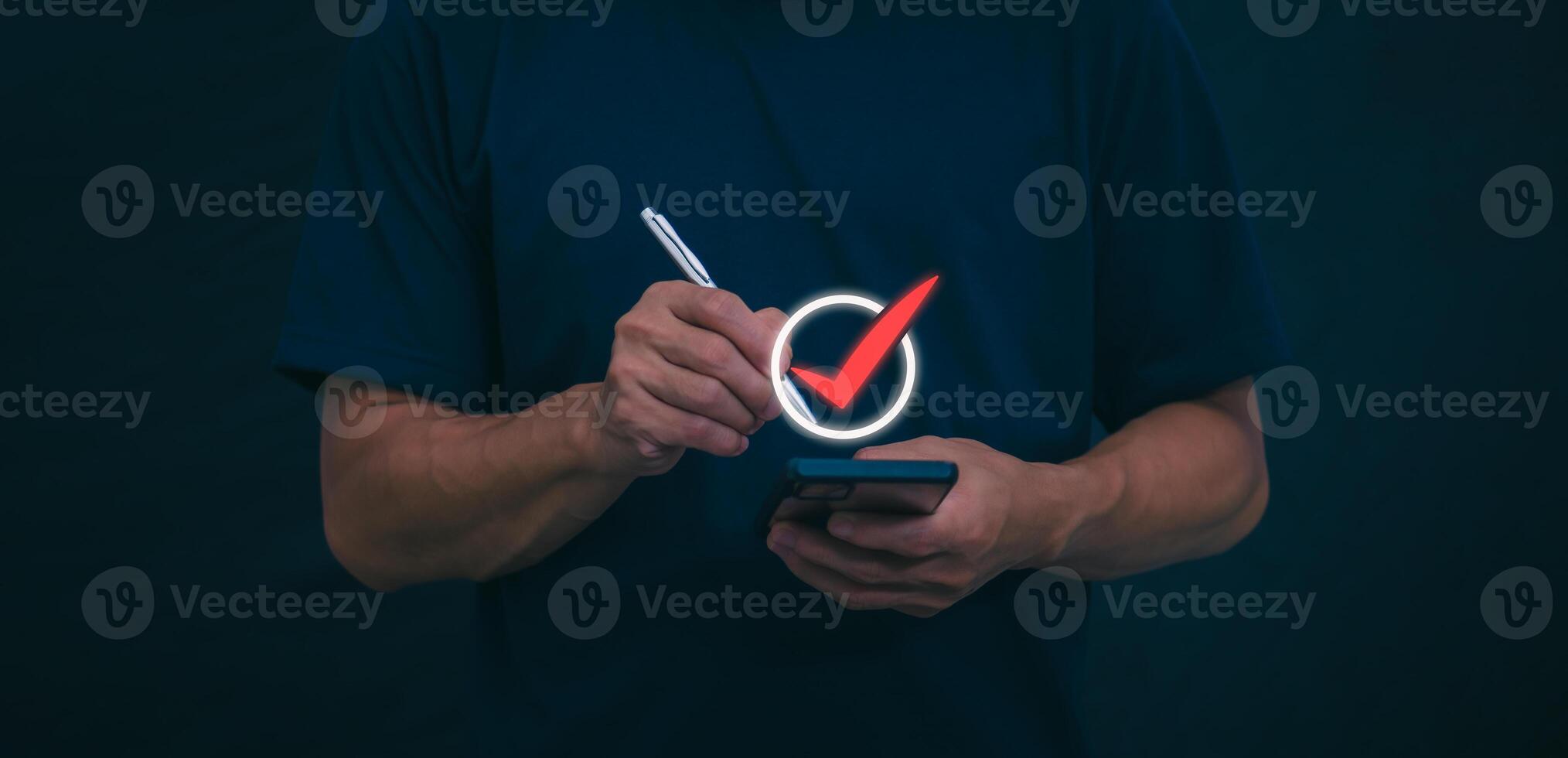 Male hand pointing at symbol of guarantee of quality of service Certification concept and standard quality control Standard warranty Documents certified on virtual screen photo