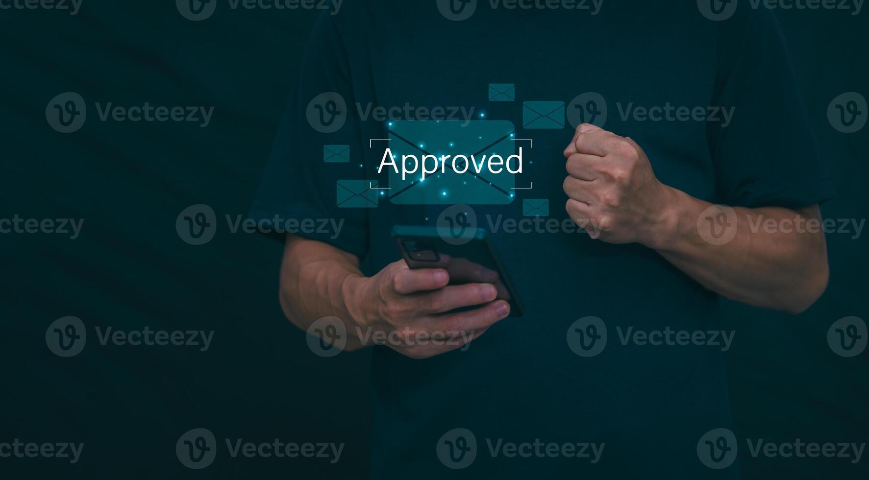 Male hand pointing at symbol of guarantee of quality of service Certification concept and standard quality control Standard warranty Documents certified on virtual screen photo