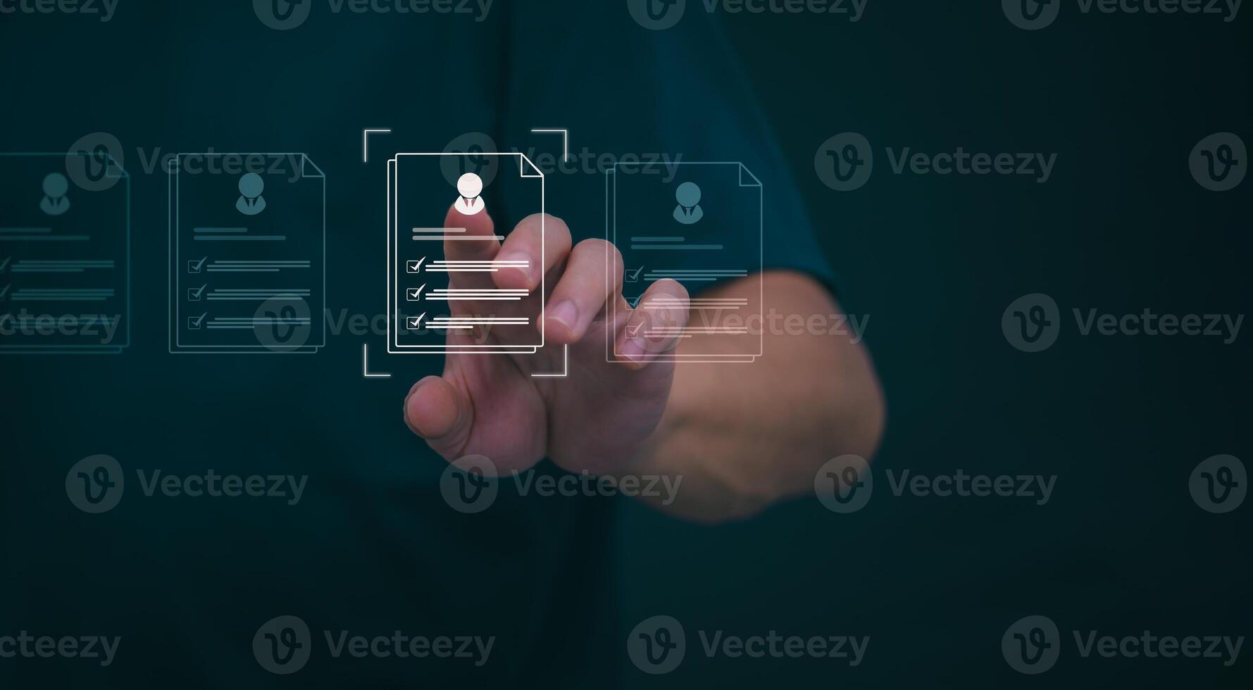 Male hand pointing at symbol of guarantee of quality of service Certification concept and standard quality control Standard warranty Documents certified on virtual screen photo