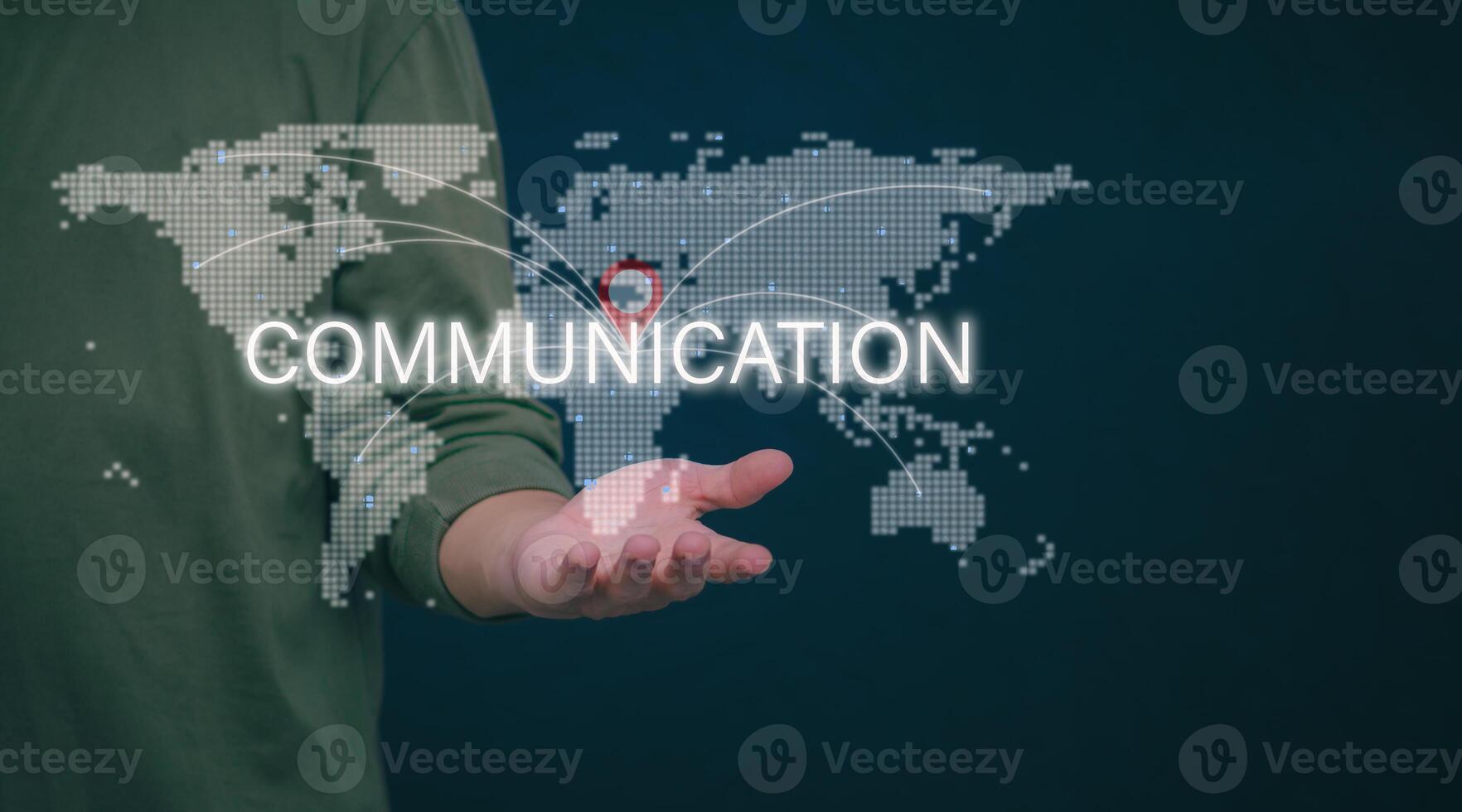 Connecting, communicating, and exchanging with global network cloud data internet technology. Using wireless data with high-speed technology for economic, scientific, and financial development. photo