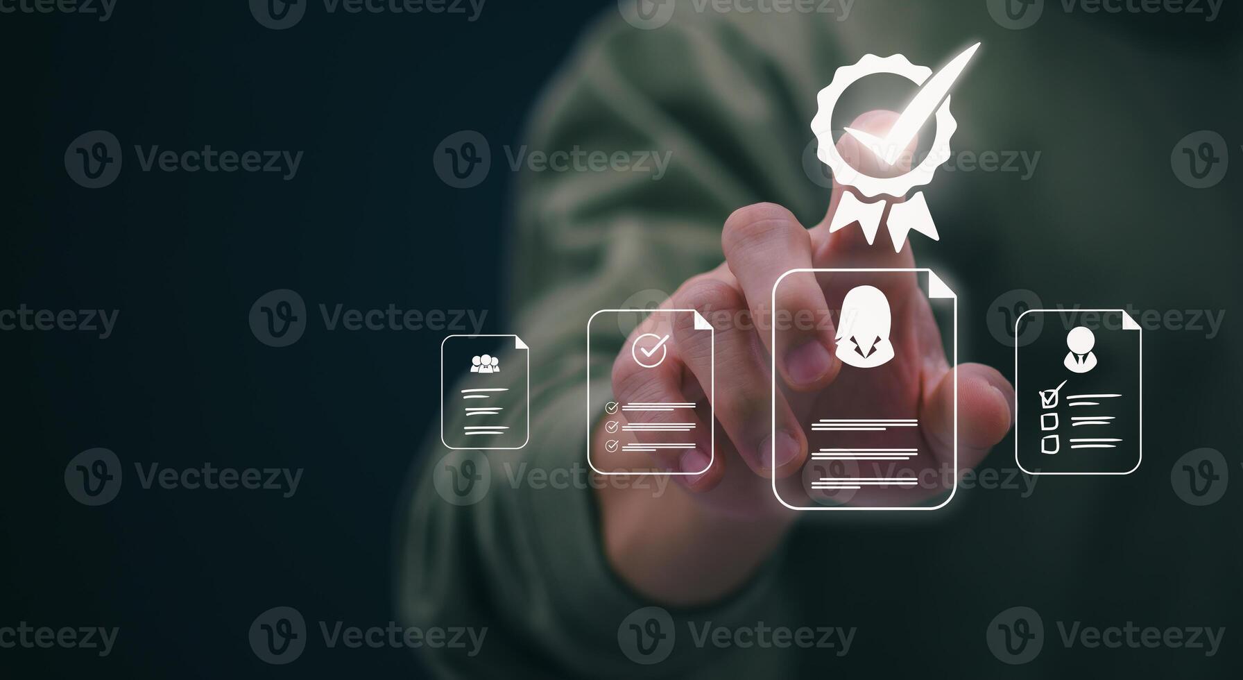 Male hand pointing at symbol of guarantee of quality of service Certification concept and standard quality control Standard warranty Documents certified on virtual screen photo
