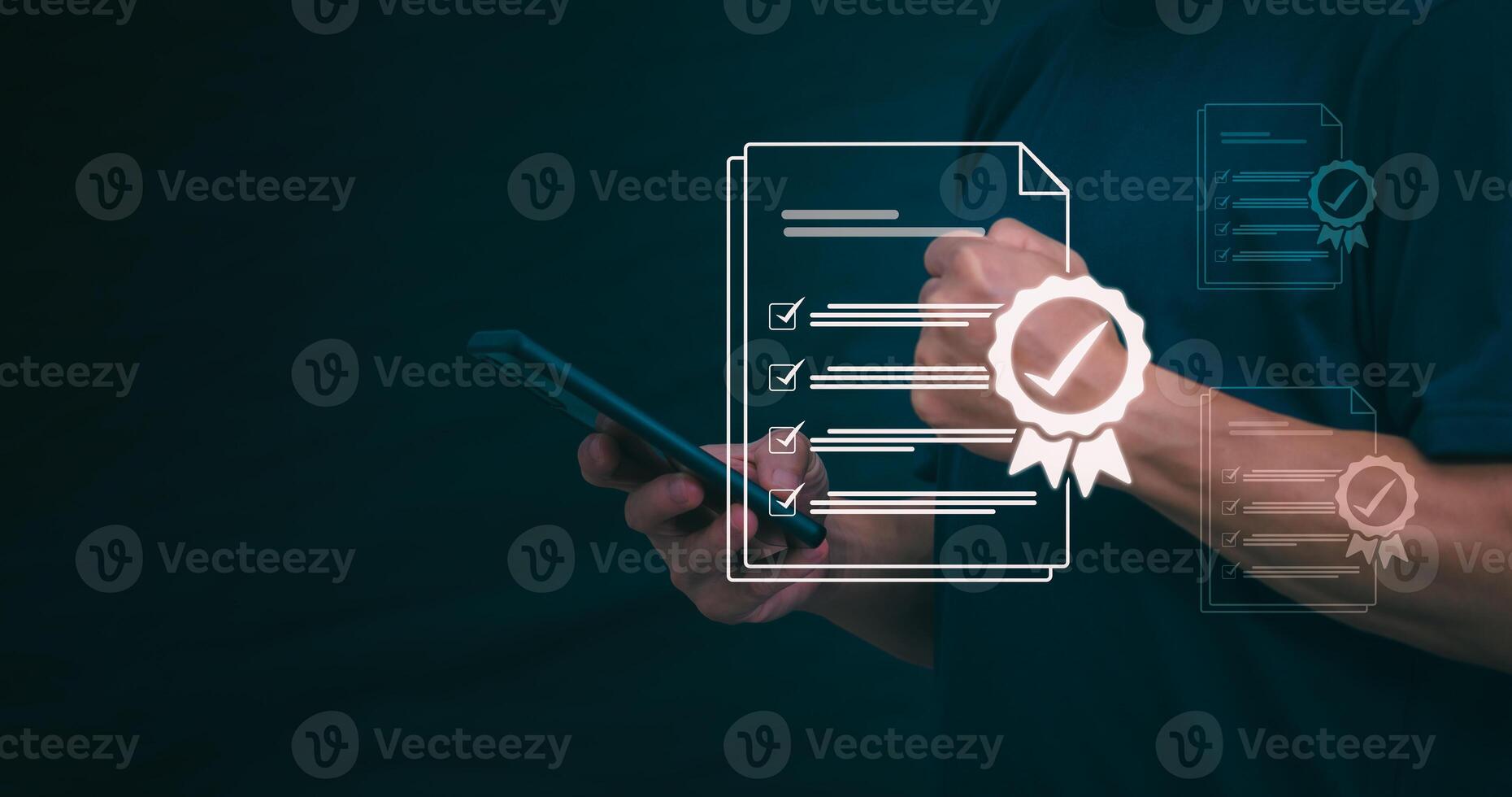 Male hand pointing at symbol of guarantee of quality of service Certification concept and standard quality control Standard warranty Documents certified on virtual screen photo