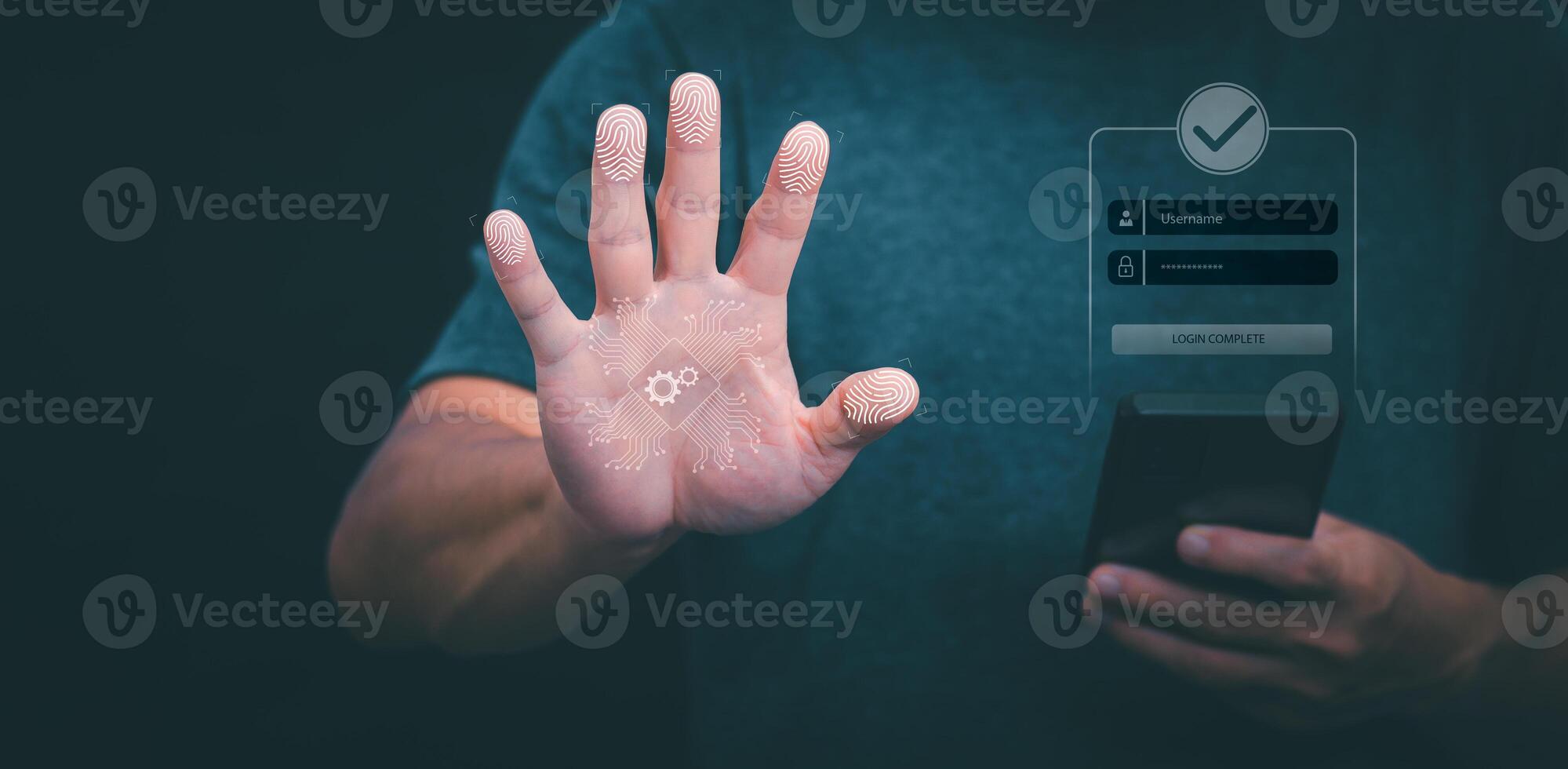 Protection and encryption of fingerprint data with network technology for security. To protect against crimes, hackers, and everyday online attacks, technology, and data security. authentication photo