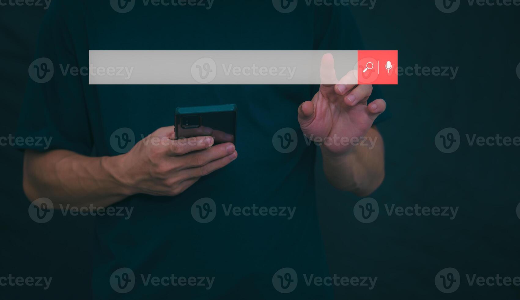 Information search technology, search engine optimization, male hand using a smartphone to search information, using the search bar function on your website photo
