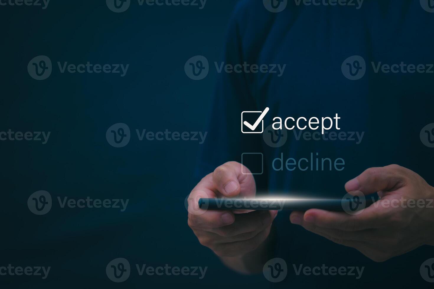 A person is touching text on a virtual image. To agree on the terms, concepts, and management of digital transformation. Internet of Things, big data and business processes, automation, storage photo