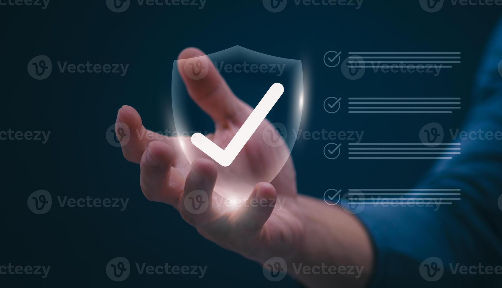 Male hand pointing at symbol of guarantee of quality of service Certification concept and standard quality control Standard warranty Documents certified on virtual screen photo