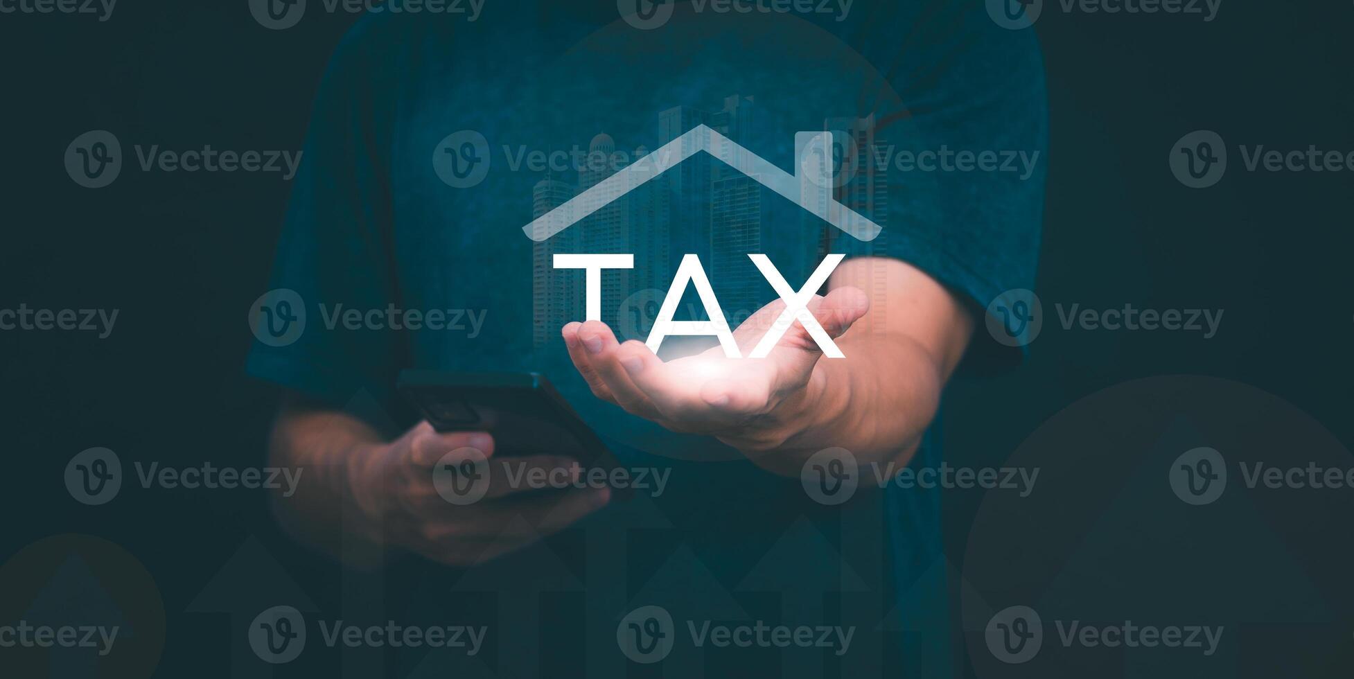 financial research government taxes and tax return calculation concepts Businessmen showing taxes on real estate Ideas for filling out online tax return forms for payments online photo