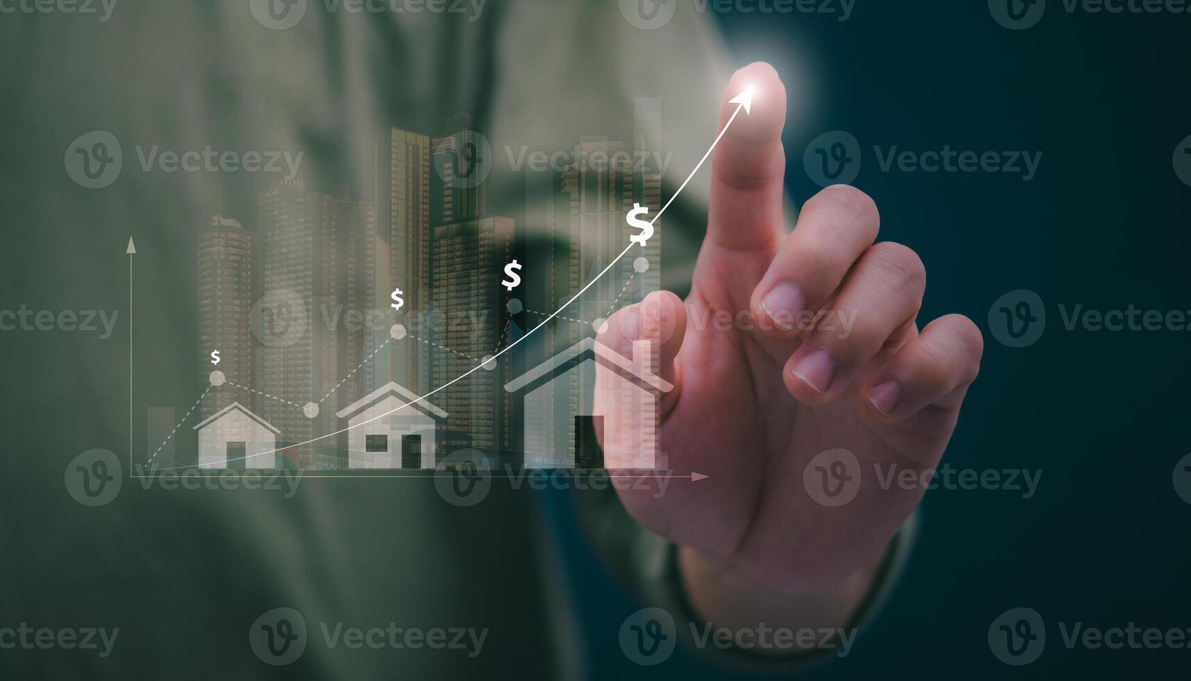 Planning and strategy, stock market, business growth, progress or success concept, businessman or trader showing real estate stock Virtual holograms, invest in stock market trading or digital assets. photo