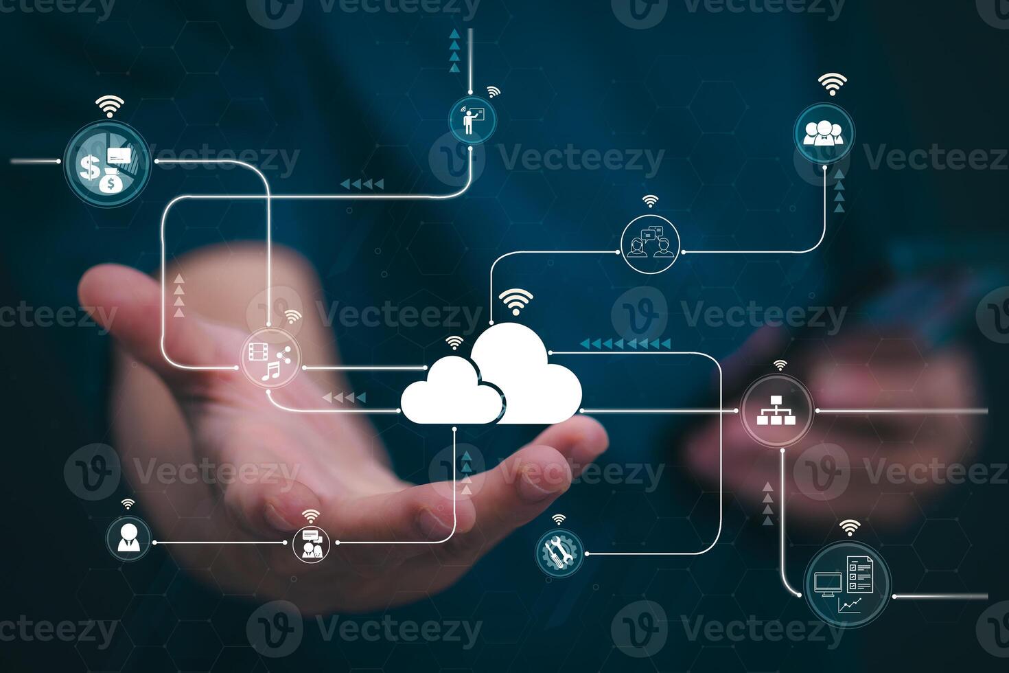 Connecting, communicating, and exchanging with global network cloud data internet technology. Using wireless data with high-speed technology for economic, scientific, and financial development. photo