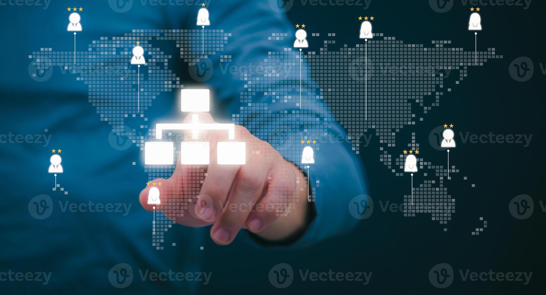 Businessman showing the linkage of organizational structure with effective management and have leadership in team building, human resource management concepts, strategic goals for business growth photo