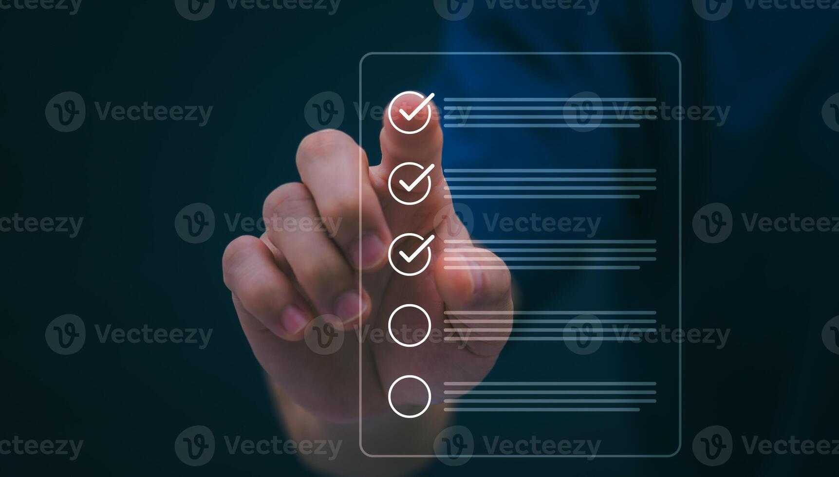 Male hand pointing at symbol of guarantee of quality of service Certification concept and standard quality control Standard warranty Documents certified on virtual screen photo