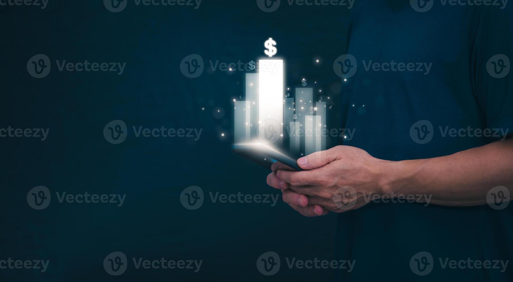 Planning and strategy, stock market, business growth, progress or success concept, businessman or trader showing growing virtual holographic stocks, invest in stock market trading or digital assets photo